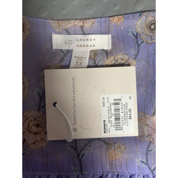 NWT LC LAUREN CONRAD M PURPLE GOLD GREEN FLORAL RUFFLE FAUX WRAP MIDI 3X - Picture 6 of 11